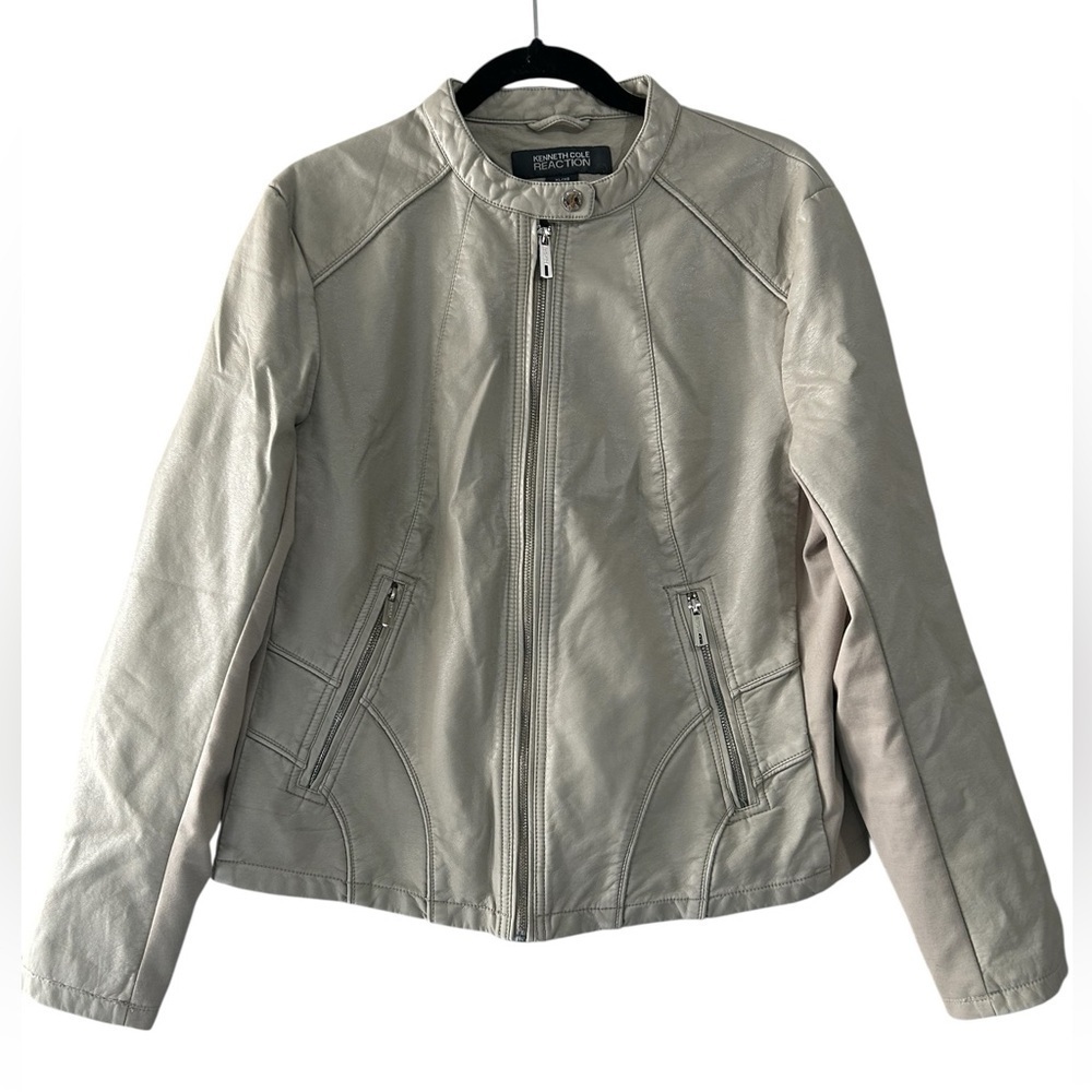 Women's Kenneth Cole Reaction Faux Cement/Sone Color Leather Moto Jacket Sz XL